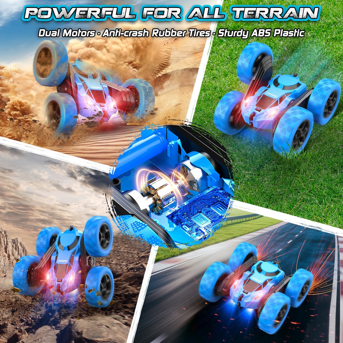Cosone Remote Control Car, 2.4 GHz RC Cars with headlights, All-wheel Drive Off-road Stunt Car, Double-sided 360° Rotatable Car Toy, Gifts for Kids 6+ Years Old (Blue)