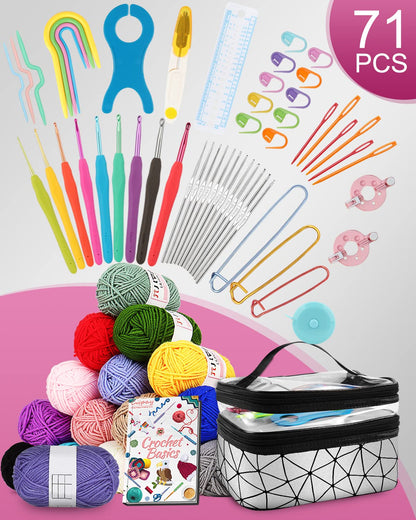 Coopay crochet set for beginners, 71 pieces crochet hook set with bag and yarn, premium crochet set with knitting accessories and yarn, 0.6-6.0mm crochet hook set, complete crochet for beginners gifts, silver