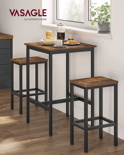 VASAGLE bar table with bar stool set, dining table with 2 chairs, small kitchen table, bar chairs, for dining room, kitchen, vintage brown-ink black LBT017B01
