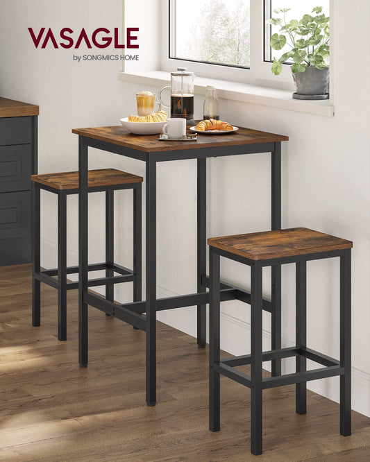 VASAGLE bar table with bar stool set, dining table with 2 chairs, small kitchen table, bar chairs, for dining room, kitchen, vintage brown-ink black LBT017B01