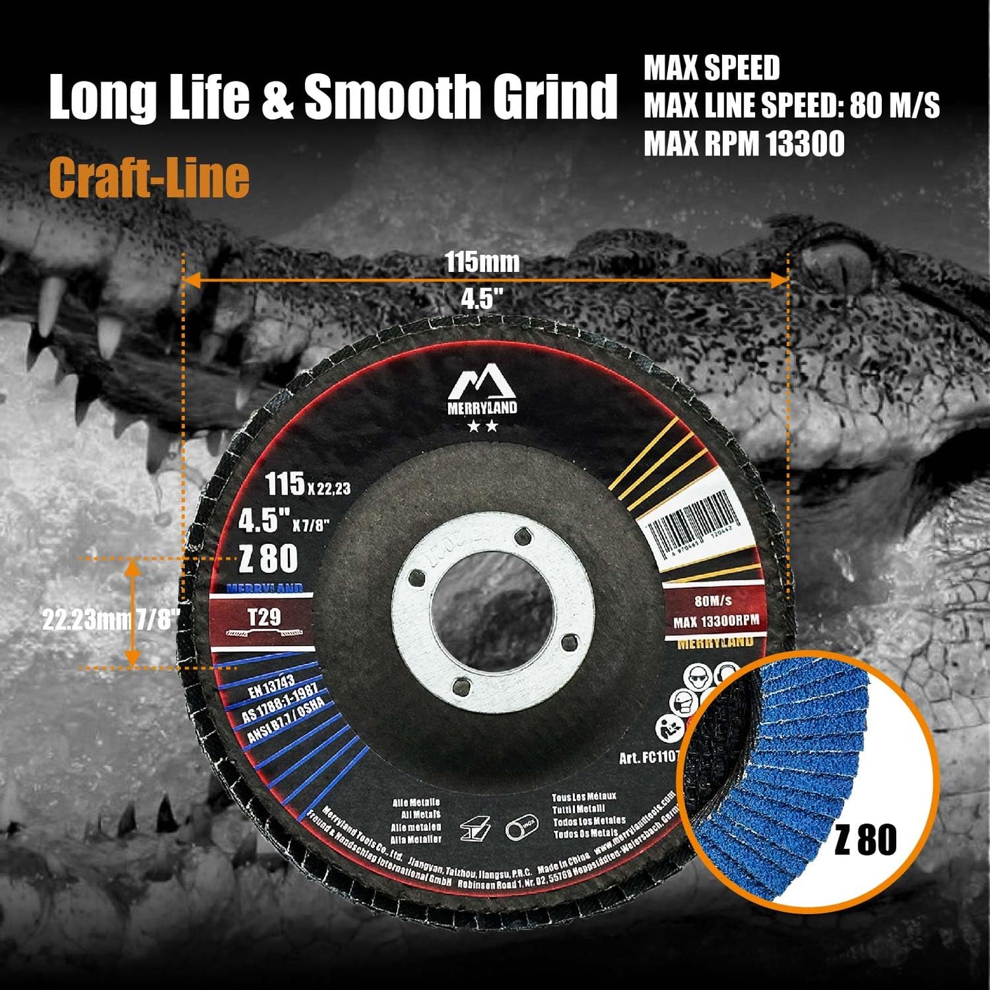 Merryland flap disc 115 steel stainless steel for angle grinder, 115mm 80G T29 flap disc zirconia corundum blue sanding disc 20 pieces, Craft-Line FC1107414-20