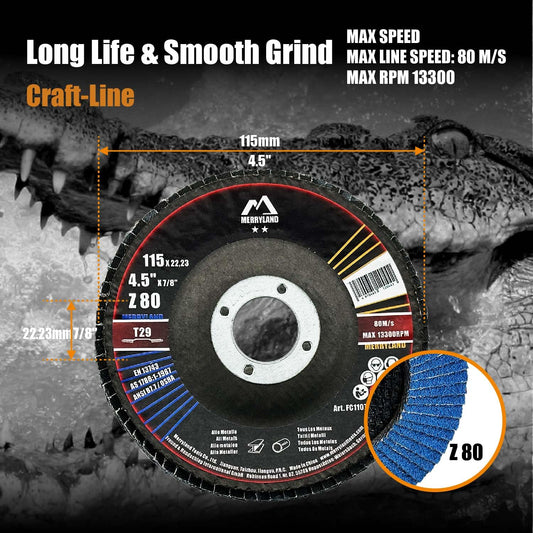 Merryland flap disc 115 steel stainless steel for angle grinder, 115mm 80G T29 flap disc zirconia corundum blue sanding disc 20 pieces, Craft-Line FC1107414-20