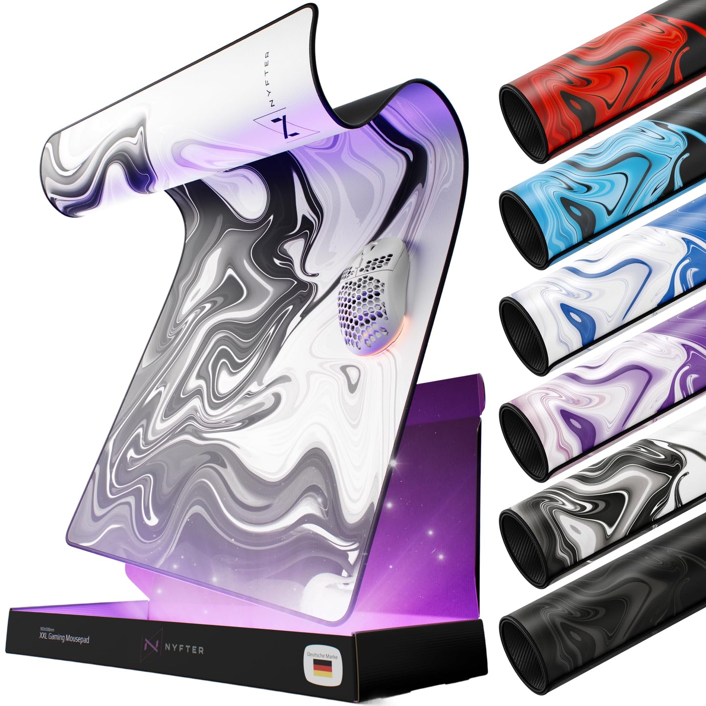 Nyfter - Premium XXL Gaming Mousepad Nyfpad 900x500mm Mousepad in Liquid Design Waveless with extra stitched edges (White-Black)