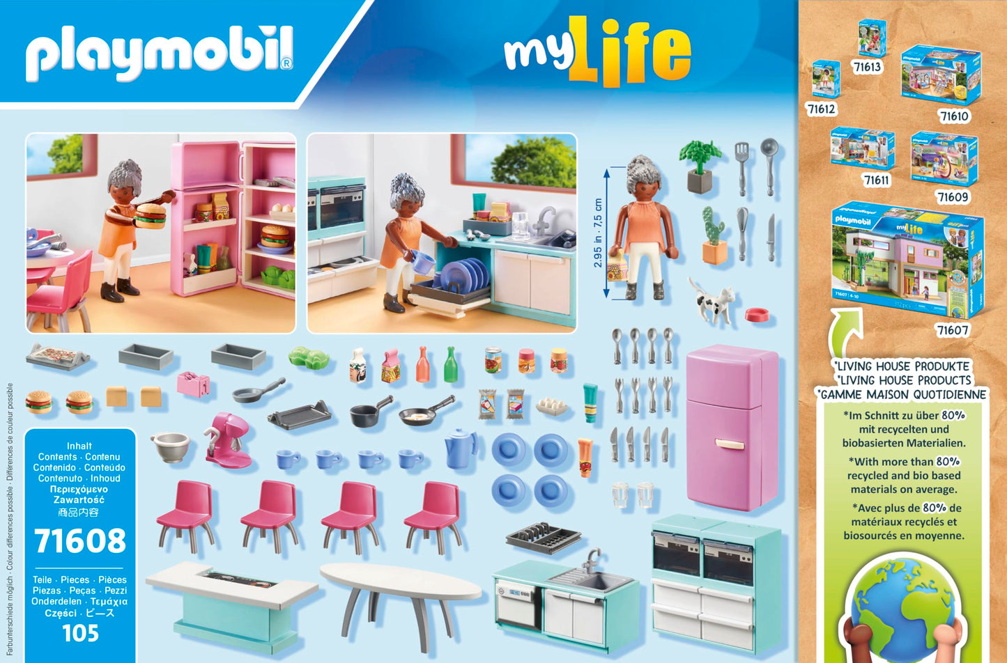 PLAYMOBIL MyLife 71608 Kitchen with Dining Area, fully equipped kitchen for detailed play, made from over 80% recycled and bio-based materials, creative toy for children ages 4 and up.