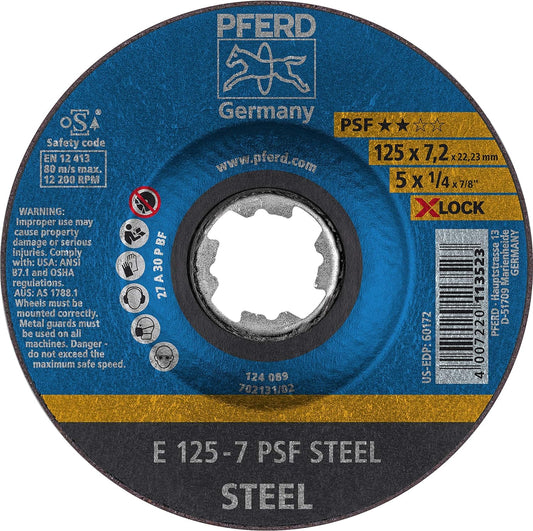 Horse grinding disc, 10 pieces, 125 x 7.2mm, X-LOCK (22.23mm), PSF STEEL, 62011125 - for fast and comfortable tool changes.