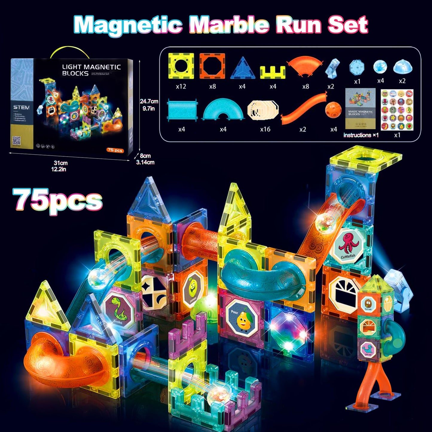 Magnetic building blocks 75 pieces Marble run magnets for kids, Magnetic building blocks kit toy for ages 3+, Creative 3D magnetic building blocks, Magnetic game gifts for boys girls home & schools 🏠🎁🔧
