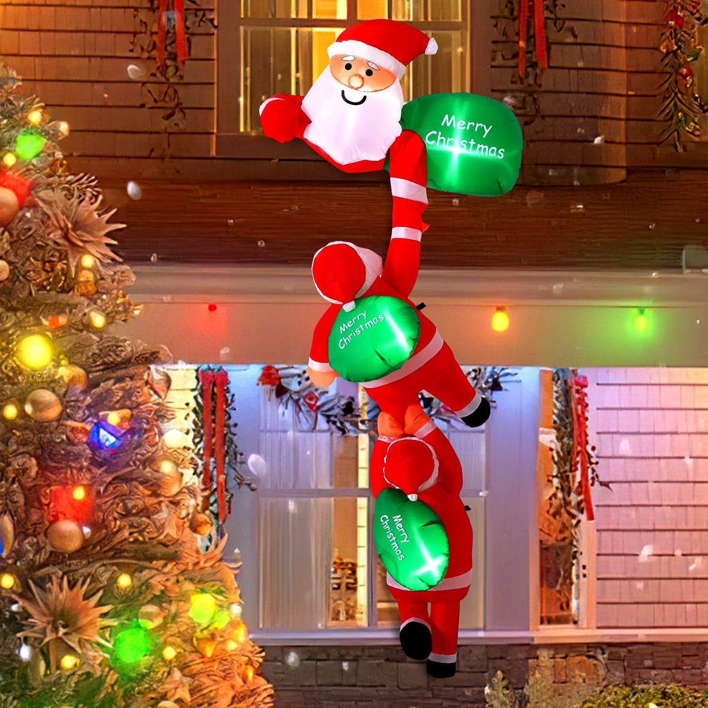 Wikay 8.2FT Inflatable Santa Claus Decoration with Gift Bag, Large Inflatable Christmas Decoration with LED Lights Hanging Santa Ornament Inflatable Christmas Figure Yard Decoration
