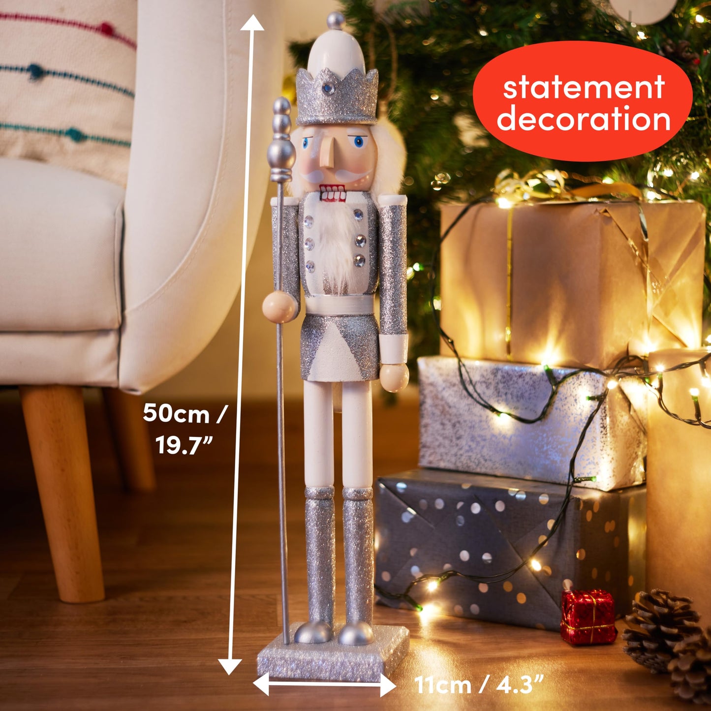 THE TWIDDLERS Large Wooden Christmas Nutcracker Figures (White & Silver), XL 50cm - Traditional Christmas Decoration