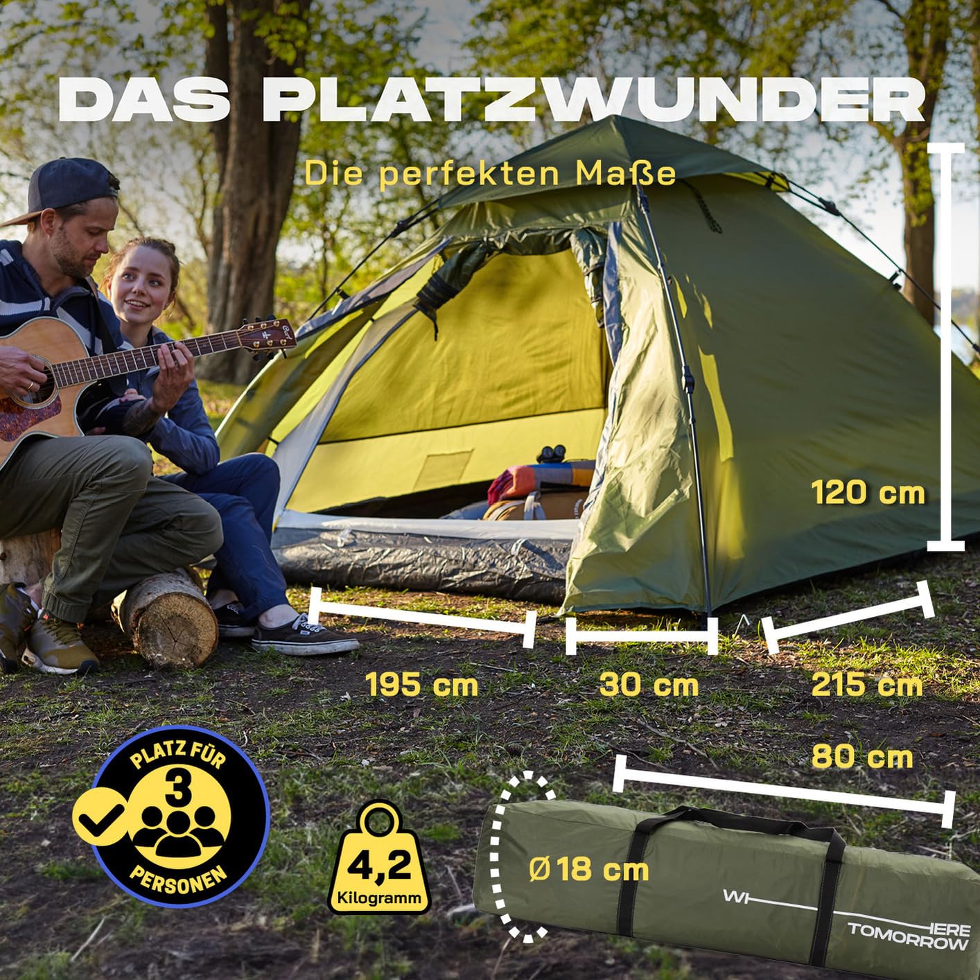 Lumaland Pop Up Camping Tent | 2-3 Person Dome Tent 215 x 195 x 120 cm | 4 Season Igloo Tent | Outdoor Trekking & Festival Pop-Up Tent | Lightweight, Waterproof & Durable [Green]