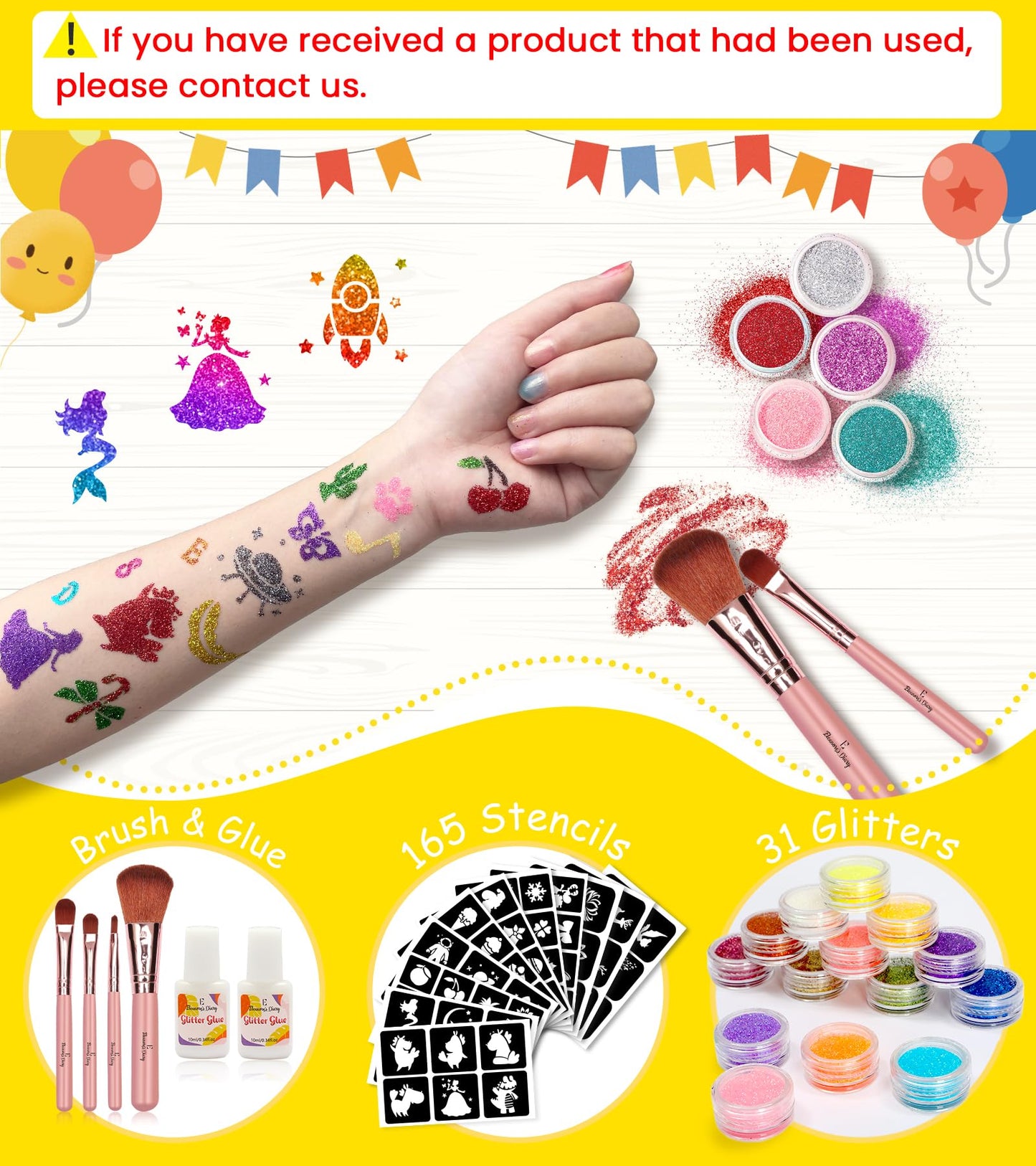 Glitter Tattoo Set for Girls, Eleanore's Diary 31 Biodegradable Glitter, Temporary Tattoo Kit, Kids Glitter Tattoos Set, 165 Stencils, 4 Brushes, 2 Glues, Gift for Girls 3+