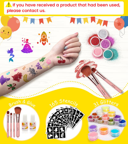 Glitter Tattoo Set for Girls, Eleanore's Diary 31 Biodegradable Glitter, Temporary Tattoo Kit, Kids Glitter Tattoos Set, 165 Stencils, 4 Brushes, 2 Glues, Gift for Girls 3+