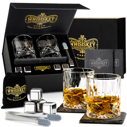 Whiskey Whiskey Glasses Set - Whiskey Gift Glass Set - Whiskey glasses - Gifts for Men - Men's gifts - Birthday gift for man - Gift box, 2 Rum glasses x 310ML, 4 Whiskey Stones