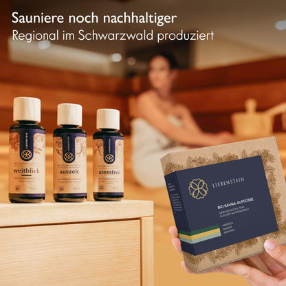 Liebenstein® ORGANIC Sauna infusion SET "Feel-good Trio" [3x100ml sauna infusions] with 100% pure organic oils - regional and sustainable - Black Forest Sauna Set for an intense aroma experience.