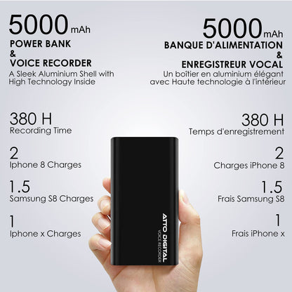 64GB Professional Recording Device - Voice Activation - 18 Days Operating Time - 11mm Thin - Power Bank Phone Charging Function - PoweREC by Atto Digital