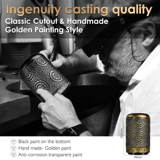 SALKING Aroma Diffuser, 100ml Metal Aromatherapy Essential Oil Diffuser, Scent Oil Room Humidifier Electric Fragrance Lamp, 7 Color Light Vintage Gold for Office Home Yoga