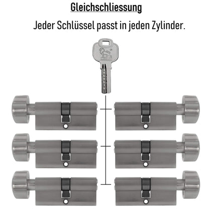 6x Cylinder lock with knob 60 mm 30/30 KD keyed alike including 20 keys