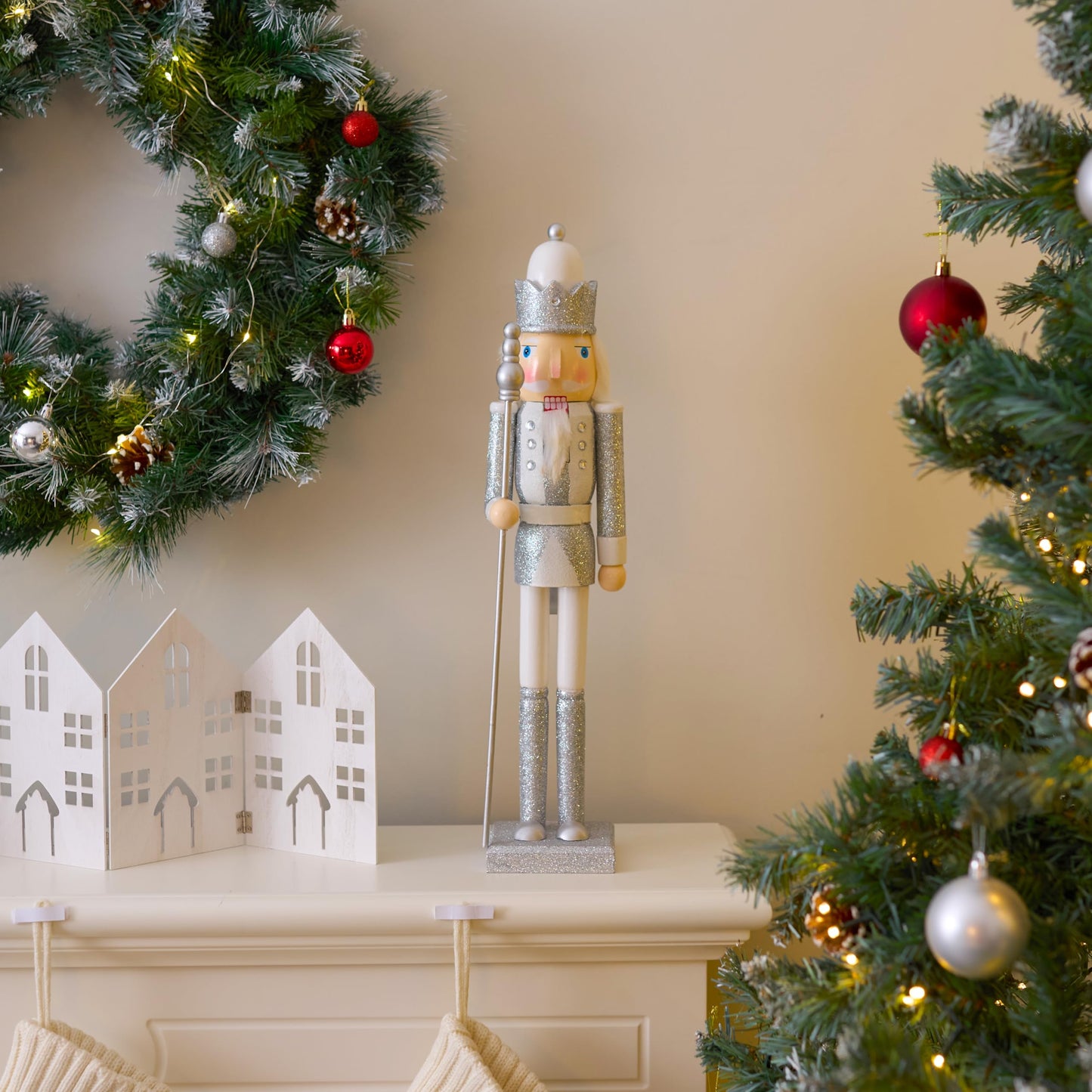 THE TWIDDLERS Large Wooden Christmas Nutcracker Figures (White & Silver), XL 50cm - Traditional Christmas Decoration