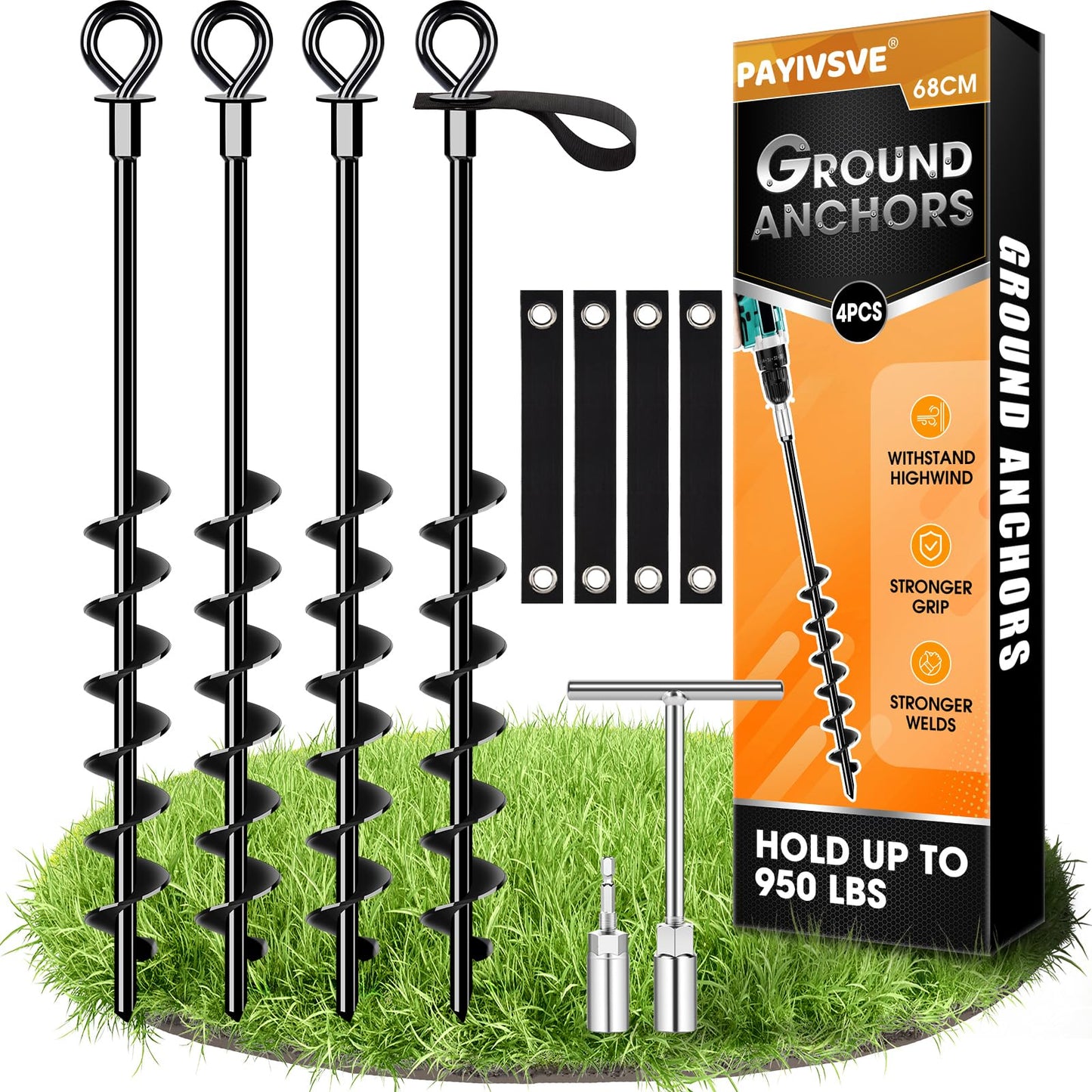 Heavy-duty ground anchor 27 inches, sturdy fully screwed earth anchor with straps for securing trampolines, awnings, swings etc.