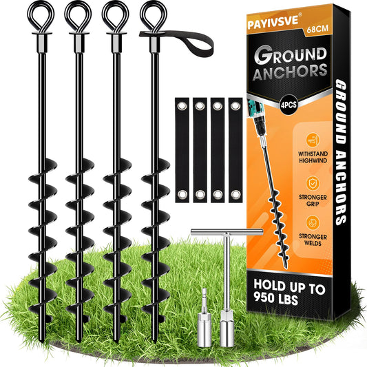 Heavy-duty ground anchor 27 inches, sturdy fully screwed earth anchor with straps for securing trampolines, awnings, swings etc.