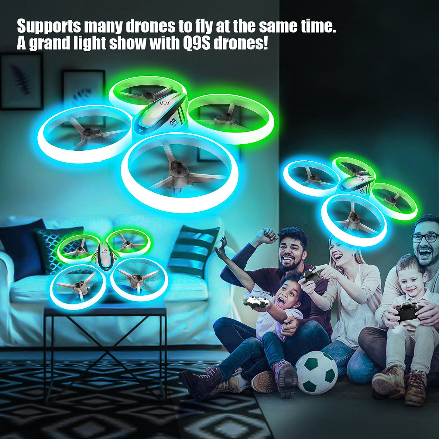 AVIALOGIC Q9s Drone for kids with altitude hold and headless mode, RC Quadcopter with blue & green lights and 2 batteries, toy drone for children and beginners.