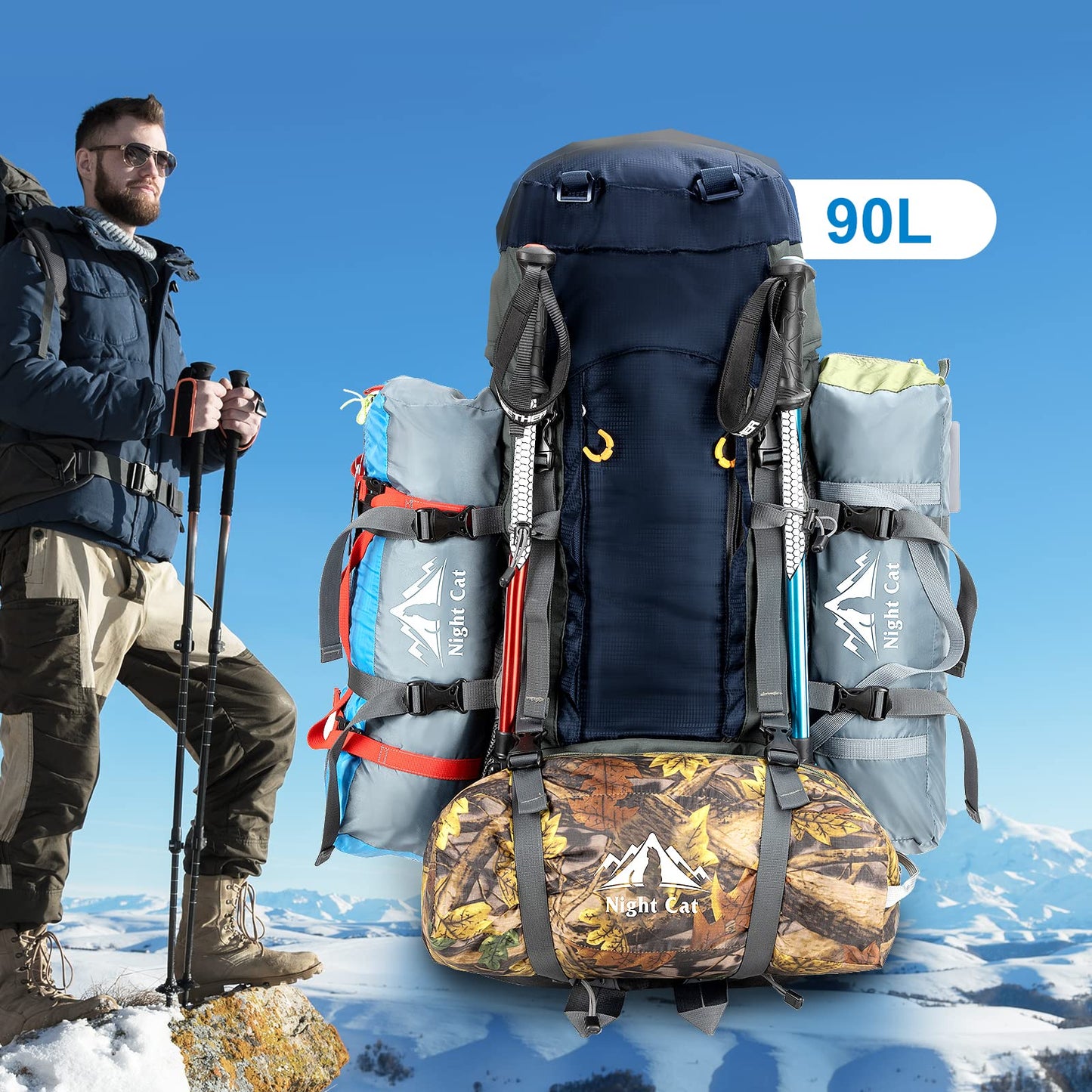 Night Cat Backpack 90L: Trekking Backpack Travel Backpack Men Women Breathable for Camping Trekking Mountaineering Climbing Bike Travel