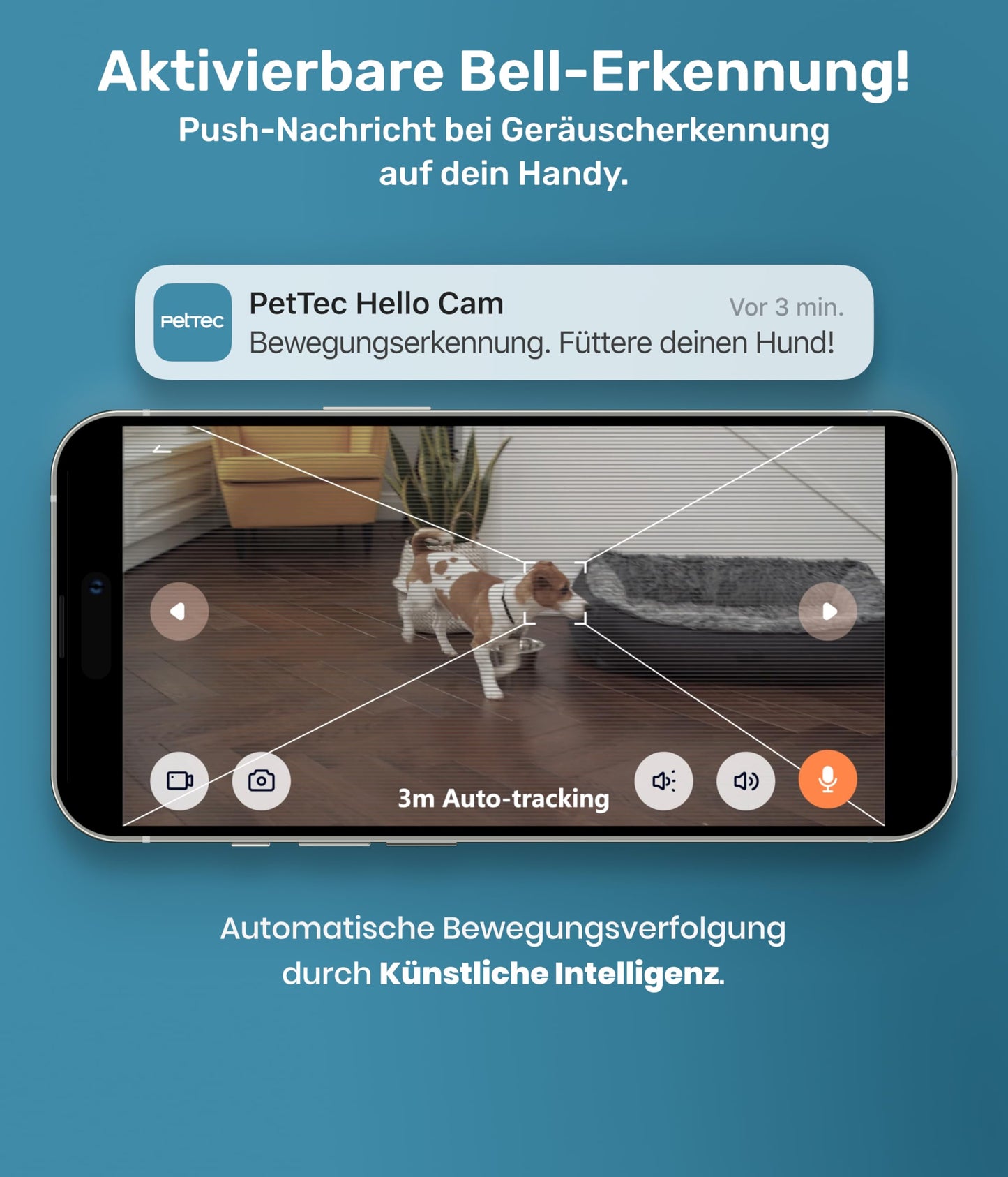 PetTec® pet camera 360° and automatic feeder with treat dispenser - via app & multi-button - bark detection - 3MP night vision function - dog camera & cat camera