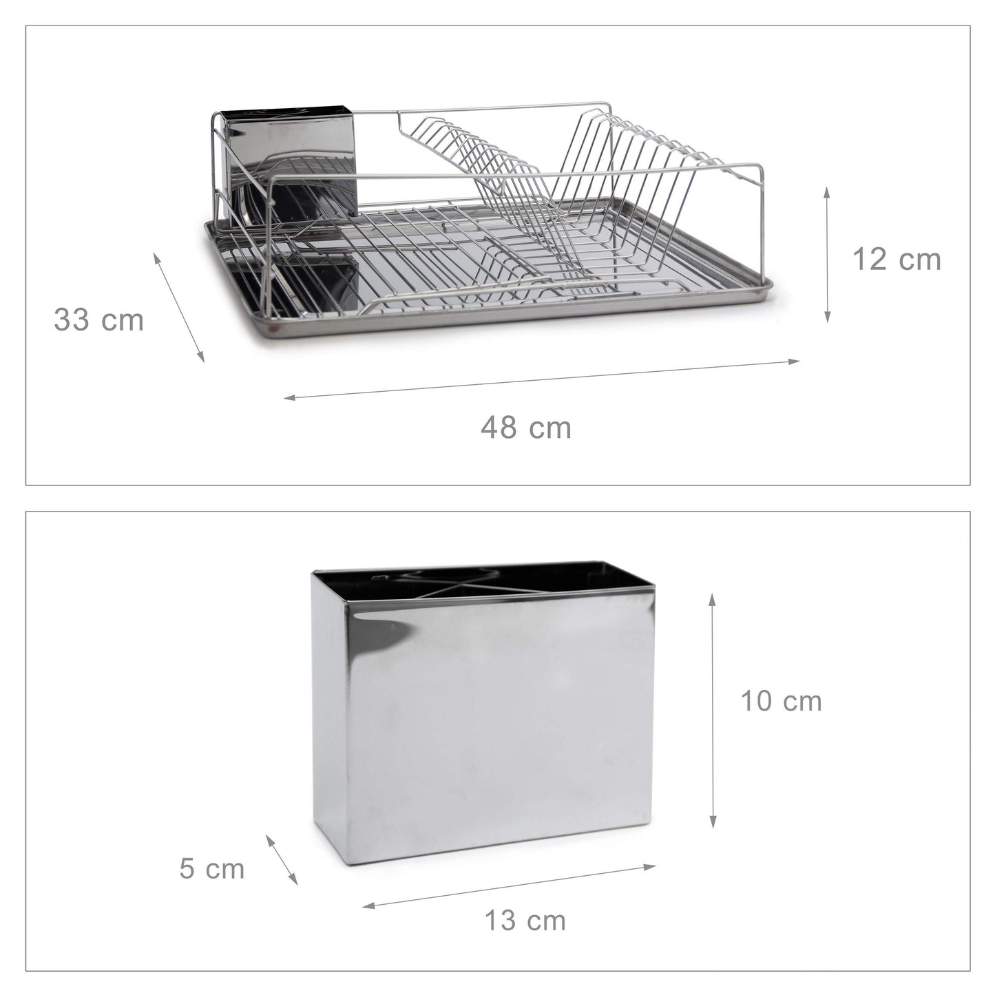 Relaxdays XL stainless steel dish rack LxWxH approx. 13 x 18.9 x 4.7 inches Draining rack for plates and cups Dish basket with cutlery holder and drip tray Shiny dish rack for your kitchen, silver