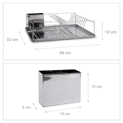 Relaxdays XL stainless steel dish rack LxWxH approx. 13 x 18.9 x 4.7 inches Draining rack for plates and cups Dish basket with cutlery holder and drip tray Shiny dish rack for your kitchen, silver