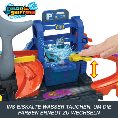 Hot Wheels Let's Race Netflix City toy car track set, Ultimate Shark car wash with 1:64 scale toy car, color change feature, repeatable color change effect, storage, HTN82.