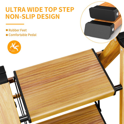 KULACO Folding 2 Step Ladder, Aluminum Foldable Ladder, Portable Step Ladder, Non-Slip Household Ladder, Multifunctional Ladder with Wood Grain Design for Home and Camping, Supports up to 150 kg.