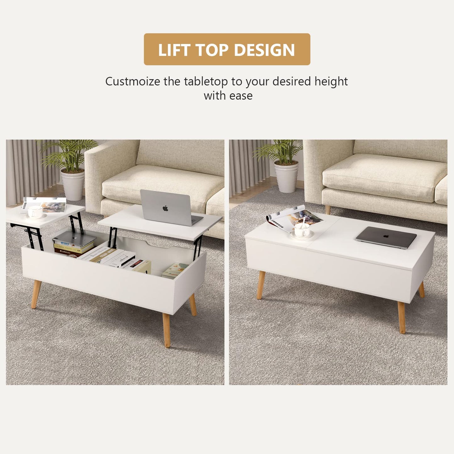 VOWNER Coffee Table, Adjustable Height, Extendable, Retractable, Separate Hidden Storage, Double Lift Top, Living Room Table, White.