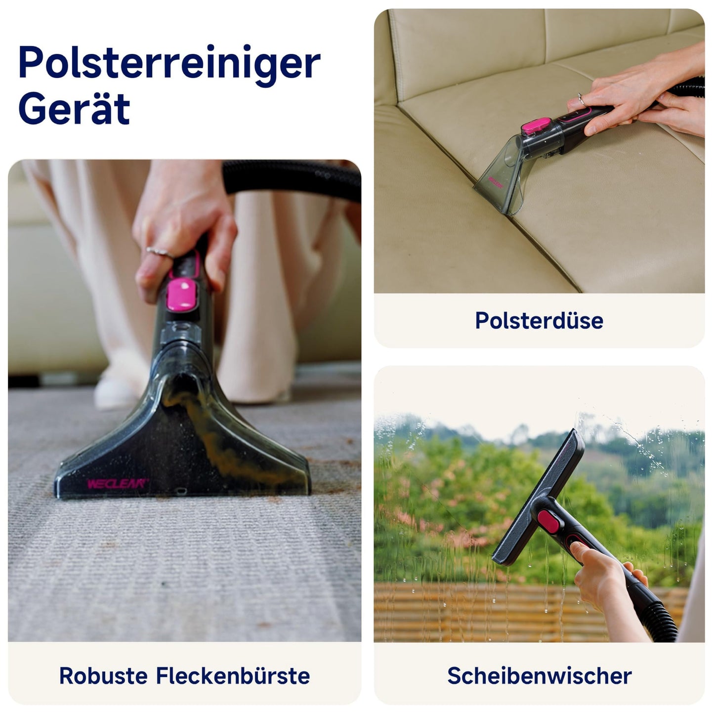 WECLEAN C3 wet/dry vacuum cleaner upholstery cleaner machine, stain remover for carpets, sofas, stairs, windows, mirrors, upholstery, cars, 600 watts, 15KPa, black/pink.