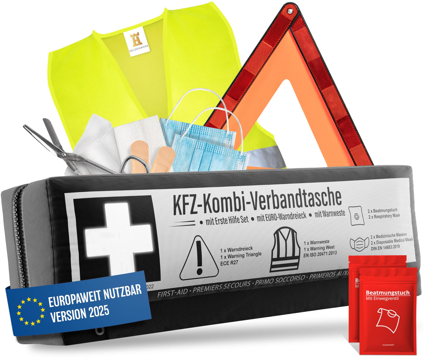 Automotive combo bag (3 in 1) according to current standard 2025 - Including warning triangle, safety vest - First aid kit warning triangle set First aid kit Car DIN 13164:2022 (conforming to the Road Traffic Regulations)