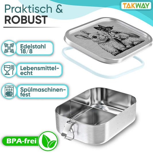 TAKWAY Stainless Steel Lunch Box for Kids with Compartments 800ml | Leakproof | Bento Box with Adjustable Dividers | Snack Box for Kindergarten School (Rabbit, 3 Compartments)