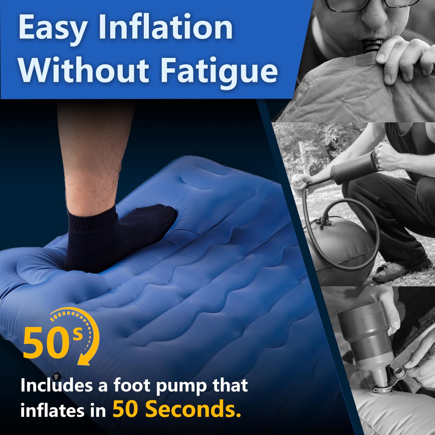 Hioutdoor self-inflating sleeping pad [Requires foot inflation] Camping 12CM Thickened Ultralight Inflatable Outdoor Mat with Foot Pump for Traveling Hiking Waterproof Tent Backpack Blue