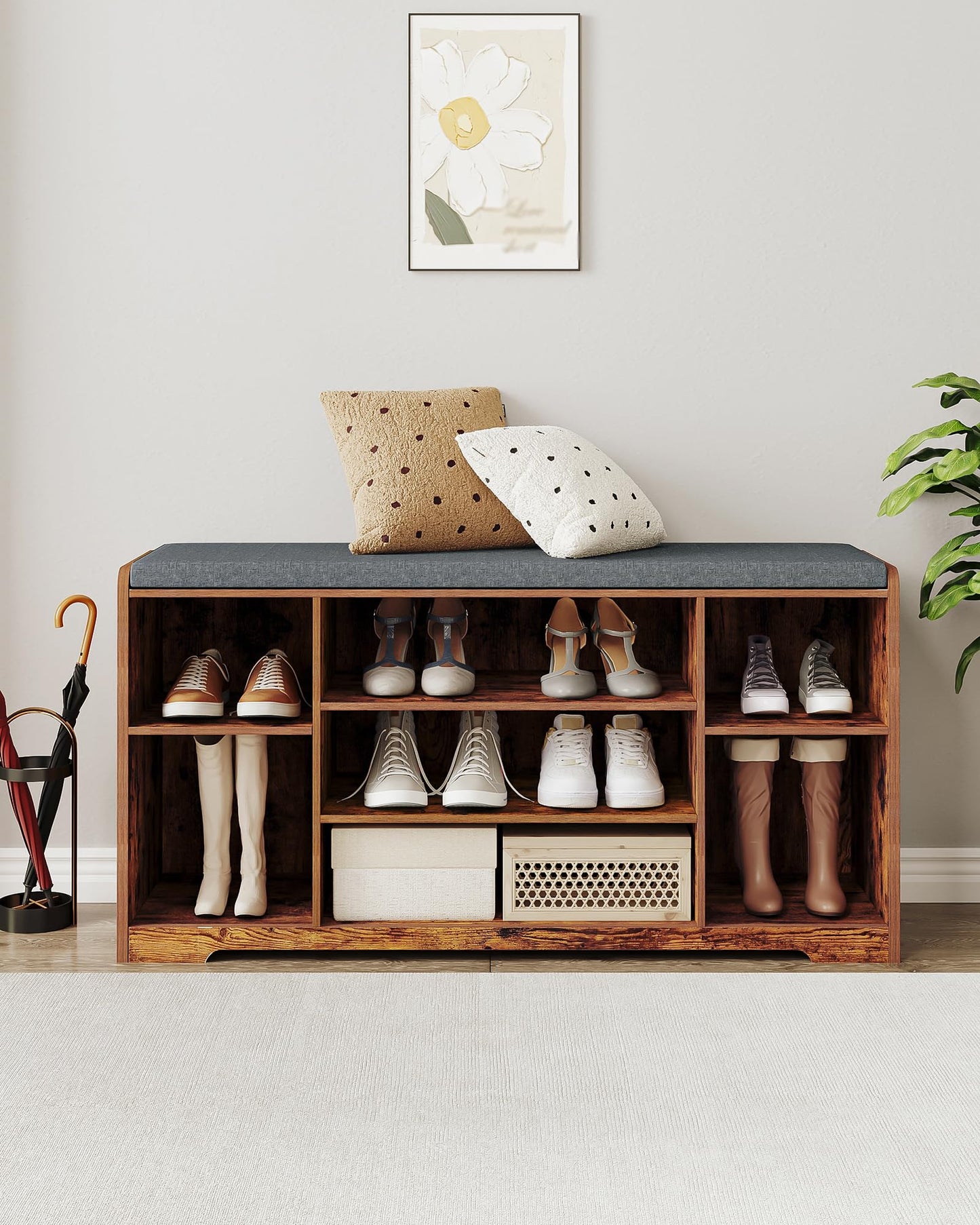 Hzuaneri shoe bench, shoe rack with seat, storage bench, cushion, 9 compartments, 30 x 103 x 52.7 cm, adjustable shelves, for living room, hallway, bedroom, vintage brown SB10001X