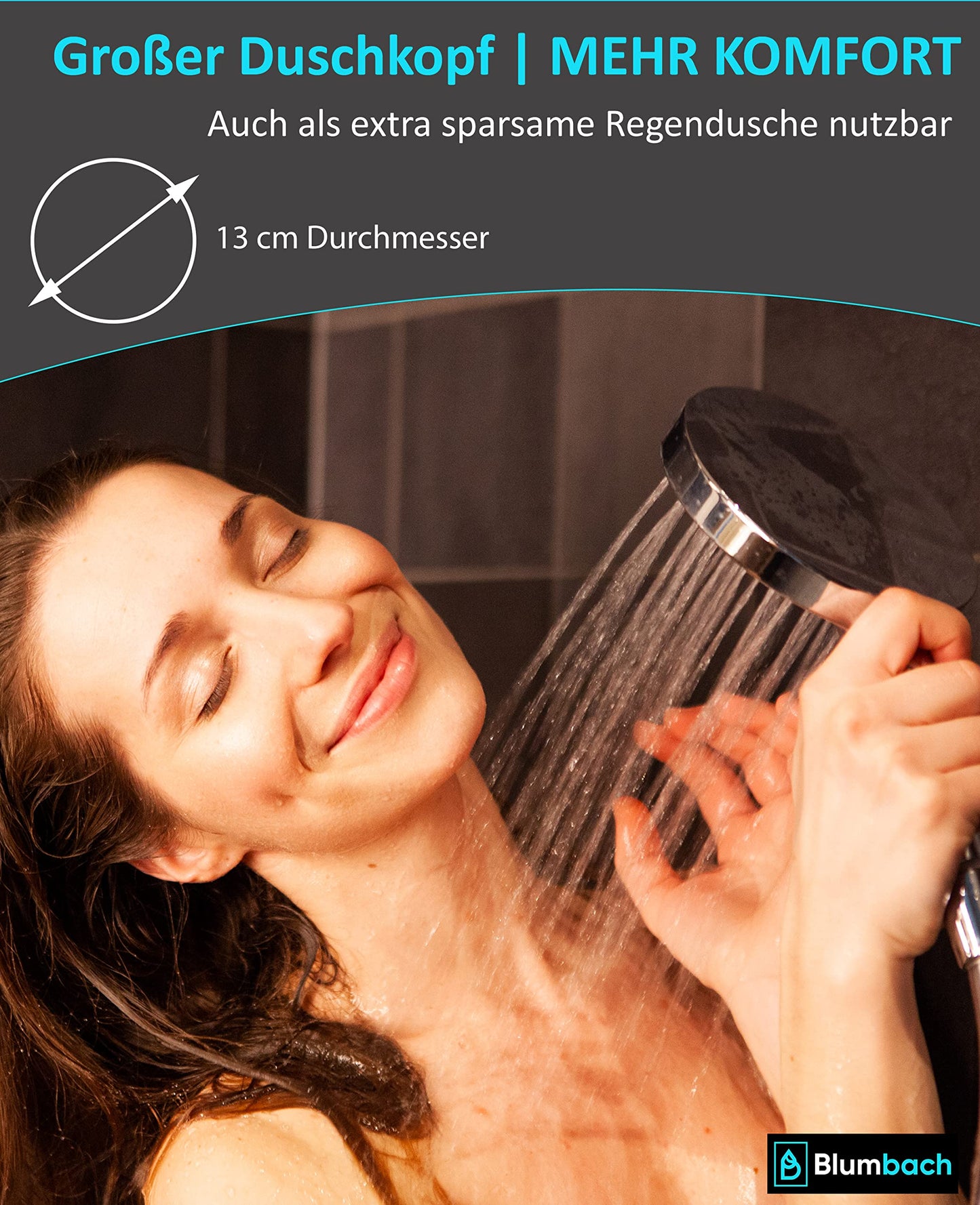 BLUMBACH® water-saving shower head - Eco Shower, water-saving shower head with 3 spray settings, 6-9 l/min, economical shower head, Shower Head, handheld shower, efficient shower spray, award-winning large shower head.
