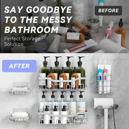 Rigors shower shelf without drilling, 6 pieces bathroom shelf with hairdryer holder and hooks, stainless steel shower caddy wall mounted, self-adhesive bathroom organizer for bath and kitchen Silver