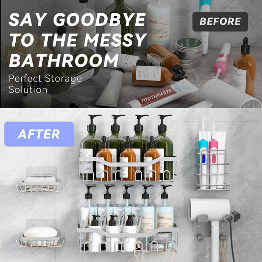 Rigors shower shelf without drilling, 6 pieces bathroom shelf with hairdryer holder and hooks, stainless steel shower caddy wall mounted, self-adhesive bathroom organizer for bath and kitchen Silver