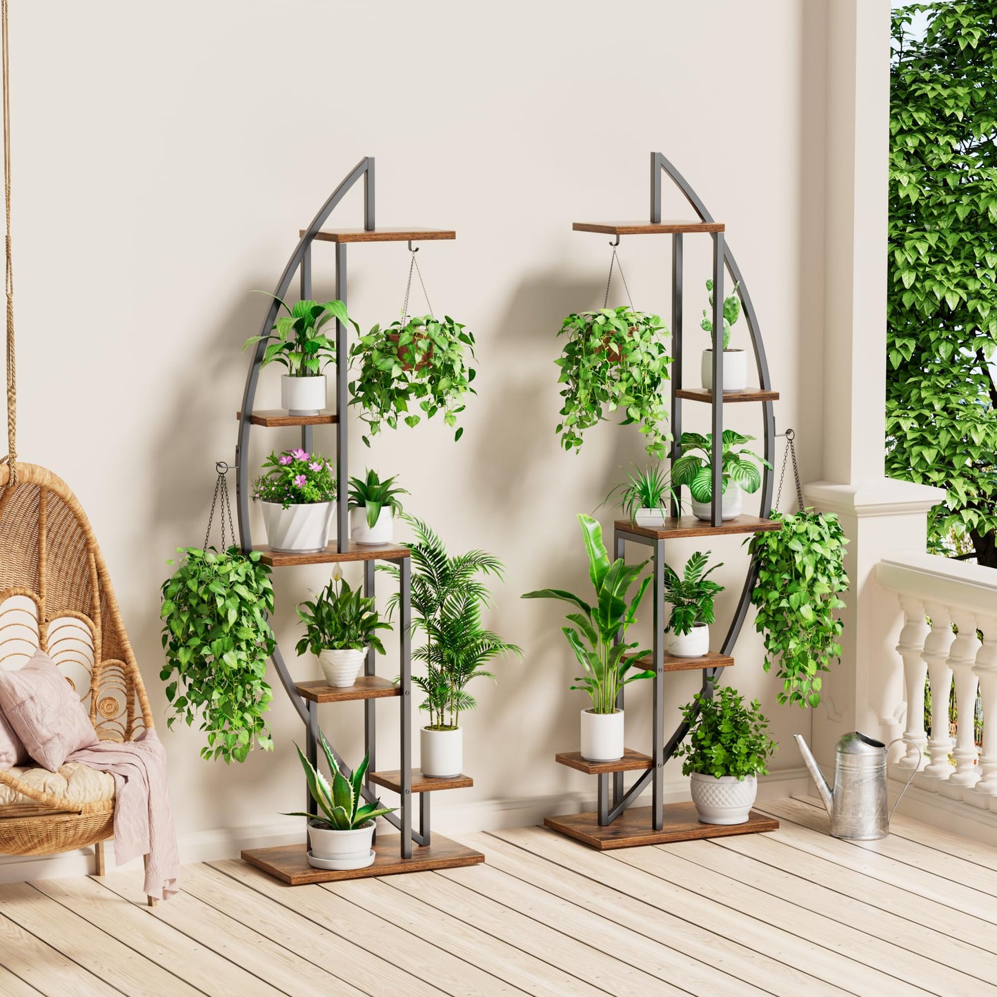 BACEKOLL 6-tier Flower Stand 160cm - Metal-Wood Plant Shelf - Indoor & Outdoor Flower Ladder - Decorative Black Flower Rack for Indoor Garden Balcony 2 PCS (No Light)
