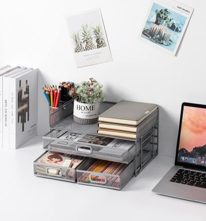 Vikmyer 3-Tray Desktop Organizer with Drawer, Mesh Office Desk Supplies Organizer Document Letter Tray Holder for Office Home (2 Pen Holders) Silver-3 Drawers
