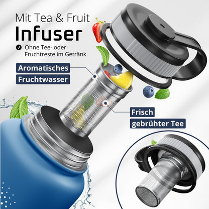 Stainless steel water bottle ACTIVE FLASK + straw (3 lids) BPA-free, leak-proof, suitable for carbonated drinks - bike water bottle thermos insulated sports water bottle kids tea.