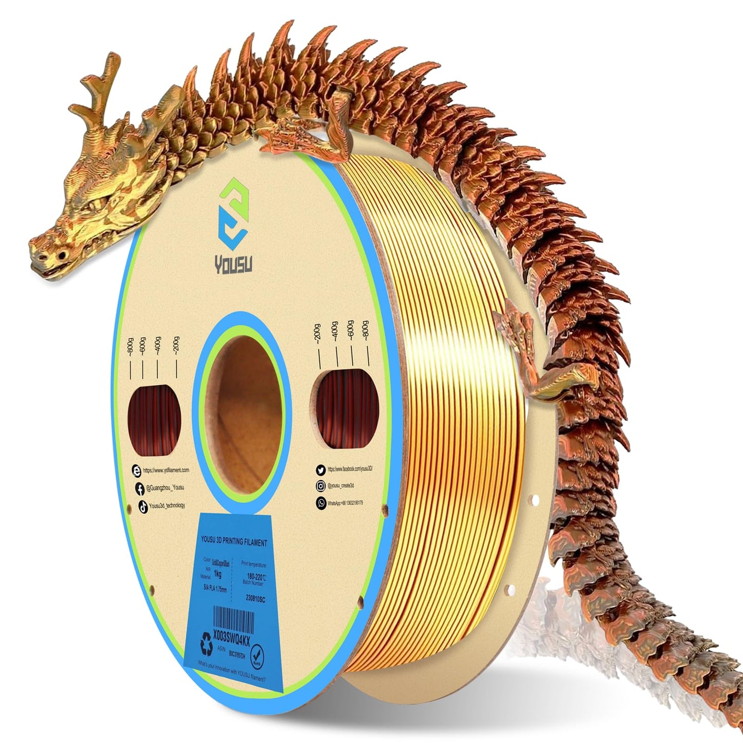YOUSU Tricolor PLA Filament, 3D Printer Filament 1.75mm(±0.03mm), Silk Gold/Copper/Black Tricolor Filament, Compatible with Most FDM Printers, 1kg/2.2lbs