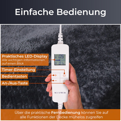 KLAMER electric heated blanket with automatic shut-off, 180x130 cm, washable, 10 temperature levels, suitable for bed, sofa, and office, dark grey.