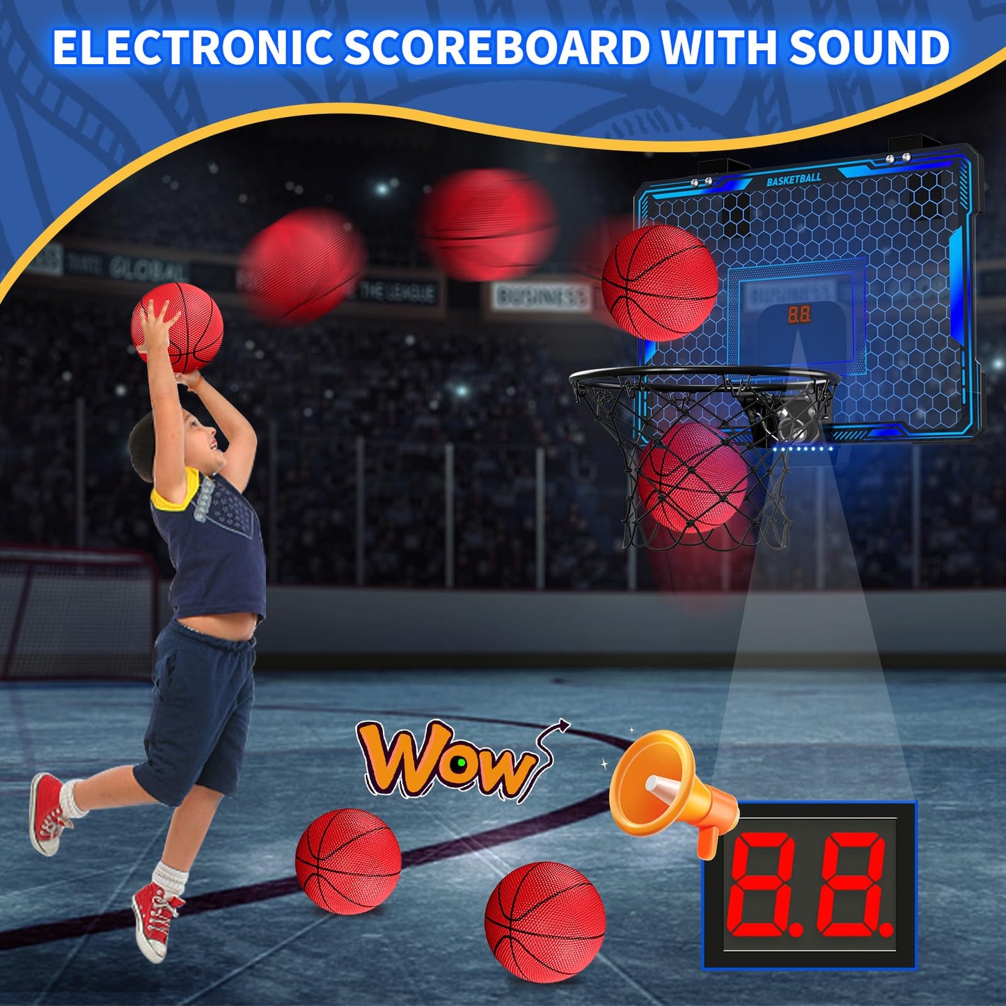 HYES Mini basketball hoop with 7 lighting for kids, electronic scoreboard, 3 balls, pump, indoor outdoor basketball hoop sports toy for kids, blue.