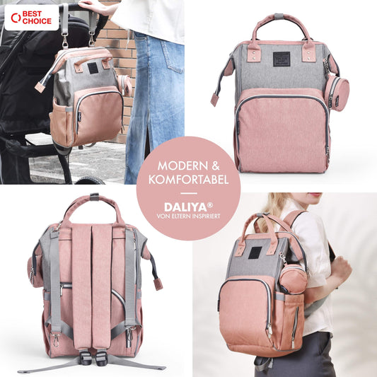 Daliya® PAKMI diaper backpack with pacifier pocket & changing pad & changing pad pouch & keychain - diaper bag mom bag backpack with lots of storage space - pink grey
