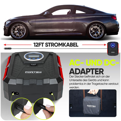 FORTEM Portable Compressor for Car Tires, 230V Adapter, 12V Car Tire Pump, and electric bike pump with LED light - Digital Tire Pressure Gauge Automatic Pump/Shut Off.