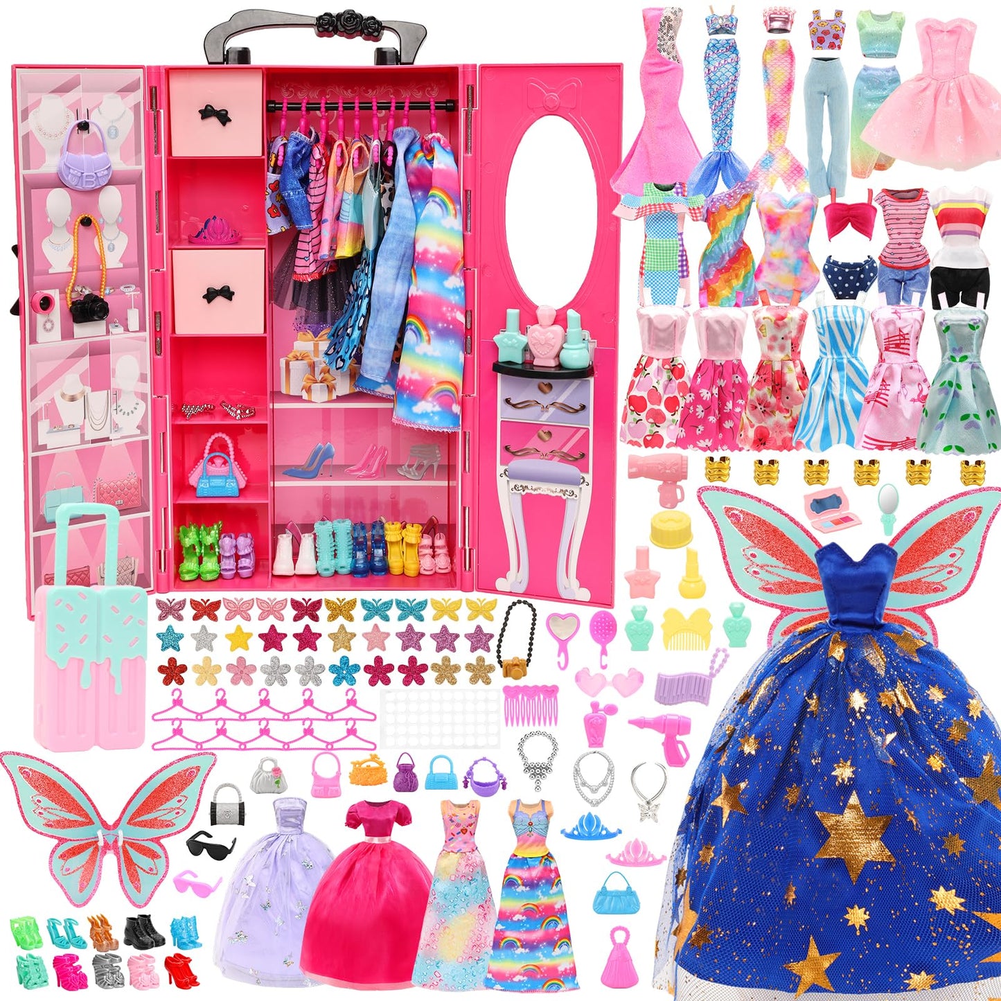 Miunana wardrobe 101 doll clothing accessories closet dresses shoes hangers necklaces crowns bag accessories for 11.5 inch dolls