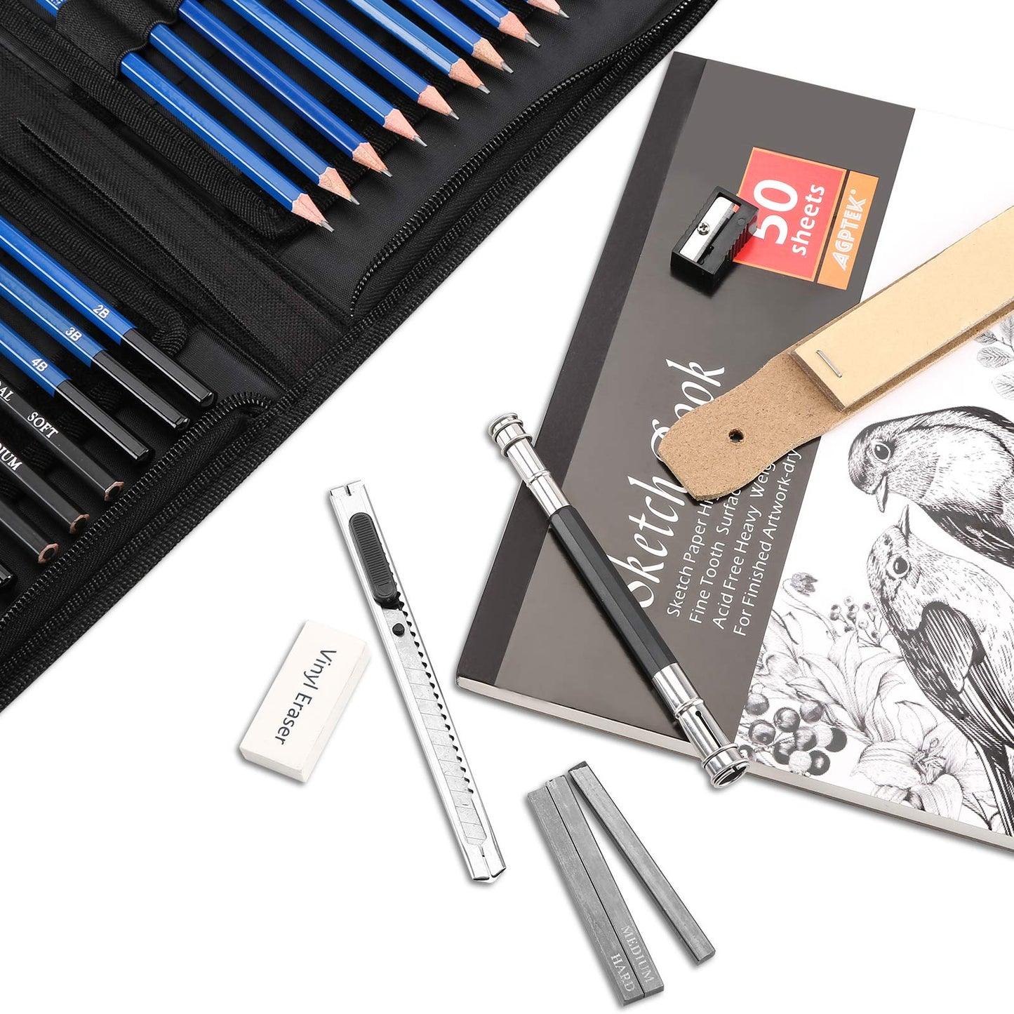 AGPTEK 41pcs Drawing Set - Pencils Sketching Set with 50 sheets Drawing Pad, 5H-8B artist set in Zipper Case, Drawing Accessories Set for Artists, Beginners, Students