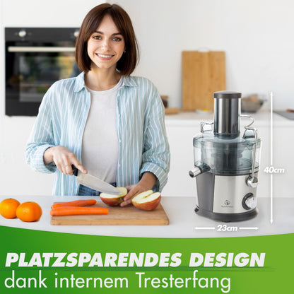 Nutrilovers *award winner* QUICK-JUICER Juicer Stainless Steel for Fruits and Vegetables I XXL chute for juicing whole fruits, 800W, 2 speeds, BPA-free incl. drinking bottle + recipe book & app